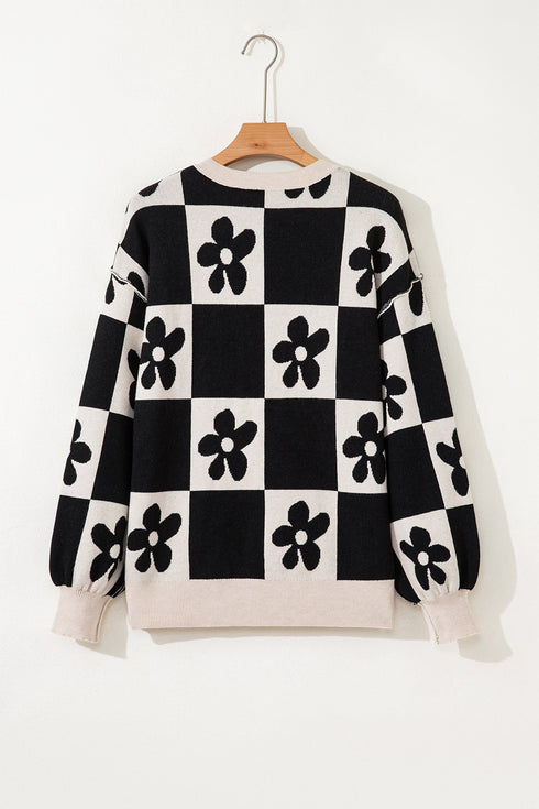 Floral Checkerboard Print Button Front Henley Sweater