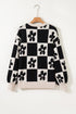 Floral Checkerboard Print Button Front Henley Sweater