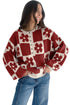 Floral Checkerboard Print Button Front Henley Sweater