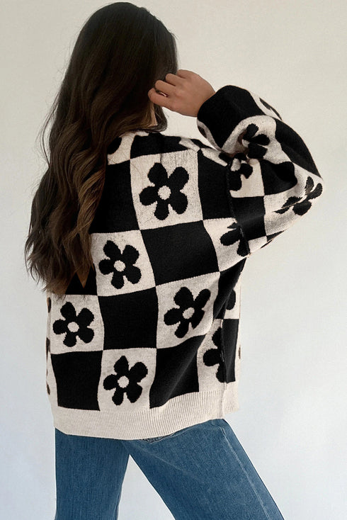 Floral Checkerboard Print Button Front Henley Sweater