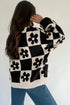 Floral Checkerboard Print Button Front Henley Sweater
