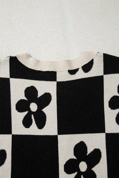 Floral Checkerboard Print Button Front Henley Sweater