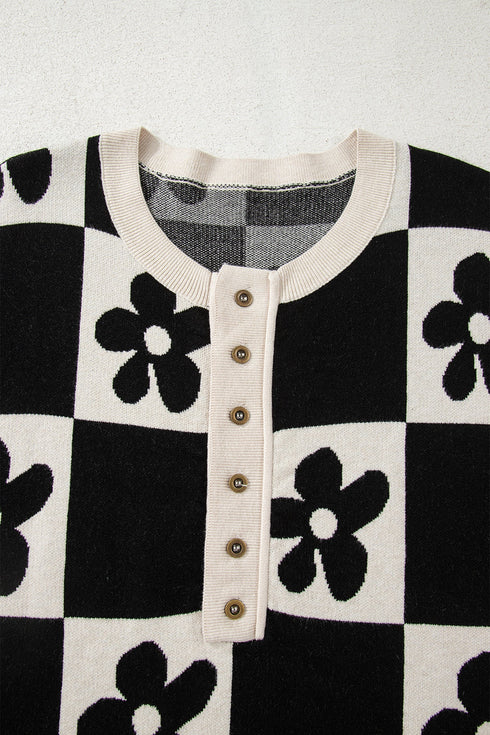 Floral Checkerboard Print Button Front Henley Sweater