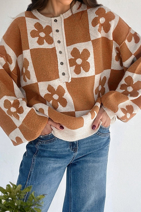 Floral Checkerboard Print Button Front Henley Sweater