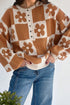 Floral Checkerboard Print Button Front Henley Sweater