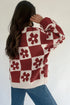 Floral Checkerboard Print Button Front Henley Sweater