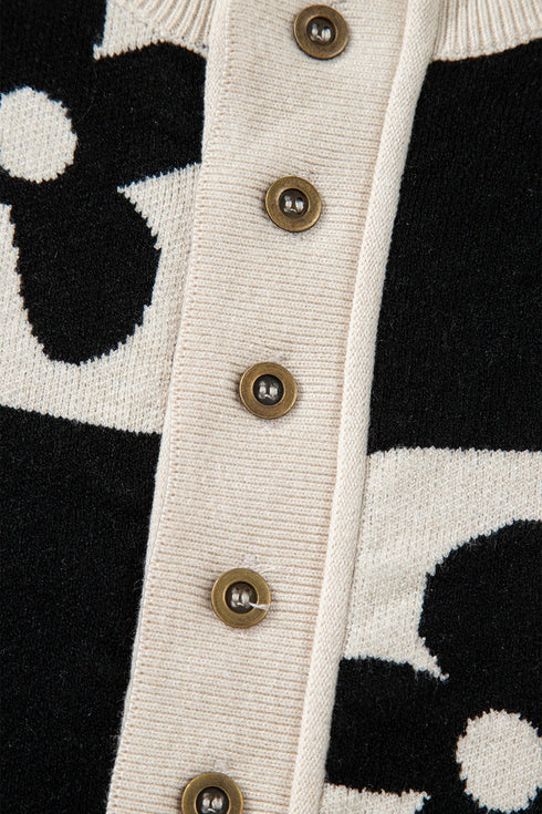 Floral Checkerboard Print Button Front Henley Sweater