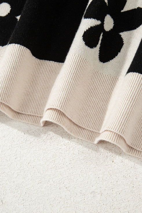 Floral Checkerboard Print Button Front Henley Sweater