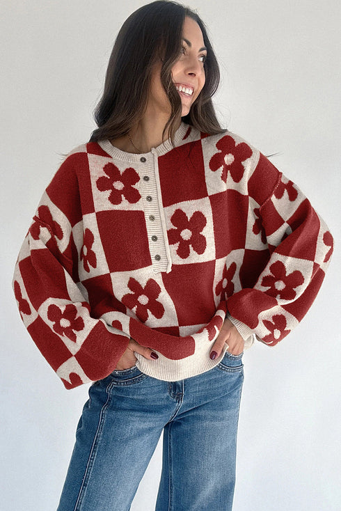 Floral Checkerboard Print Button Front Henley Sweater