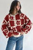 Floral Checkerboard Print Button Front Henley Sweater