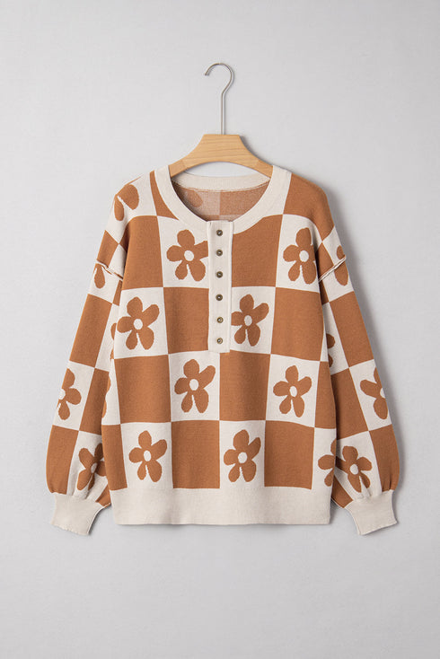 Floral Checkerboard Print Button Front Henley Sweater