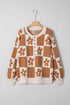 Floral Checkerboard Print Button Front Henley Sweater