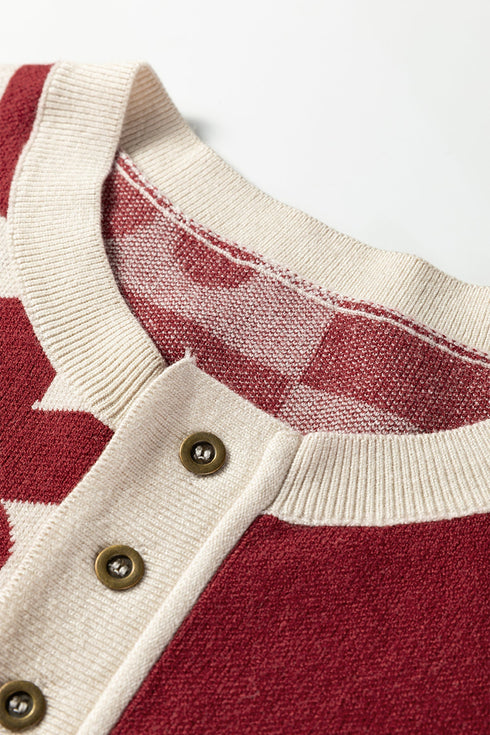 Floral Checkerboard Print Button Front Henley Sweater