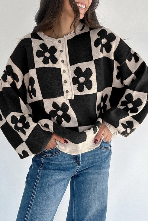 Floral Checkerboard Print Button Front Henley Sweater