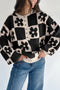 Floral Checkerboard Print Button Front Henley Sweater