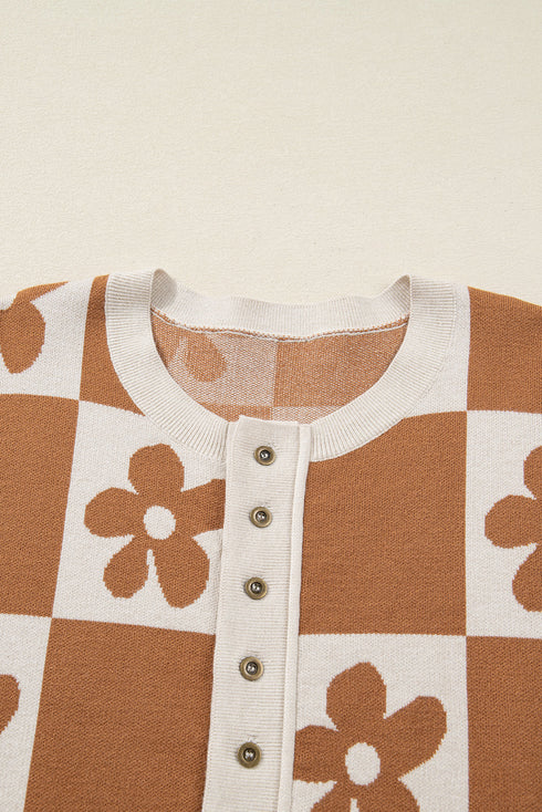 Floral Checkerboard Print Button Front Henley Sweater