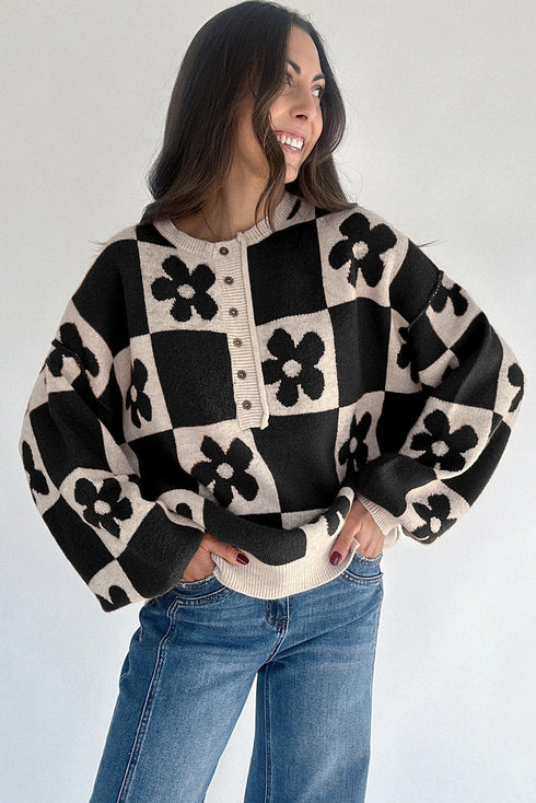 Floral Checkerboard Print Button Front Henley Sweater