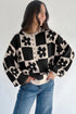 Floral Checkerboard Print Button Front Henley Sweater