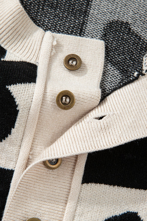 Floral Checkerboard Print Button Front Henley Sweater