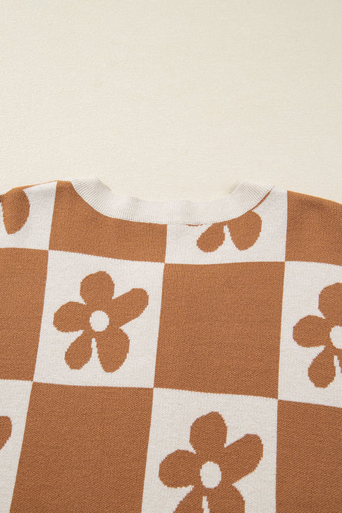 Floral Checkerboard Print Button Front Henley Sweater