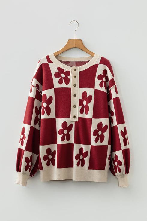 Floral Checkerboard Print Button Front Henley Sweater