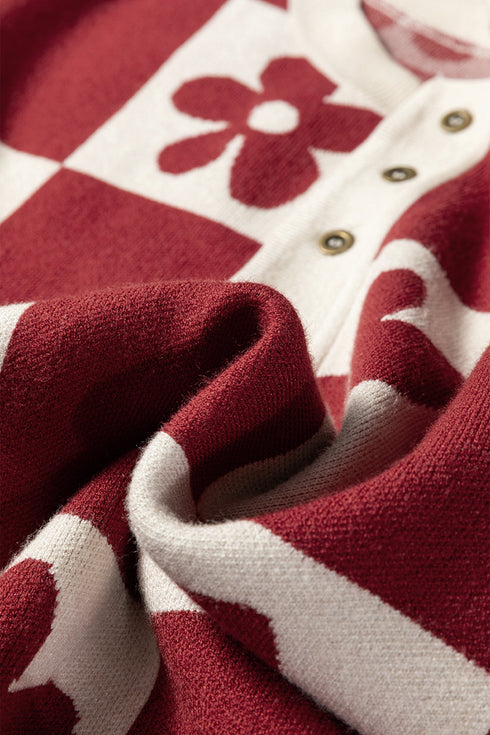 Floral Checkerboard Print Button Front Henley Sweater