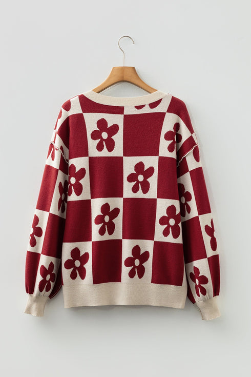 Floral Checkerboard Print Button Front Henley Sweater