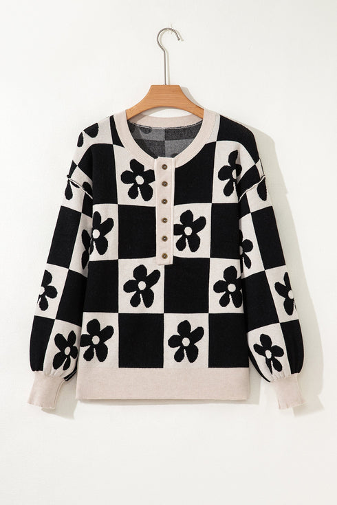 Floral Checkerboard Print Button Front Henley Sweater