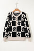 Floral Checkerboard Print Button Front Henley Sweater