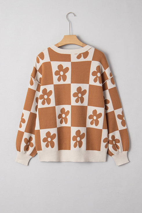 Floral Checkerboard Print Button Front Henley Sweater