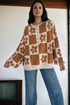 Floral Checkerboard Print Button Front Henley Sweater