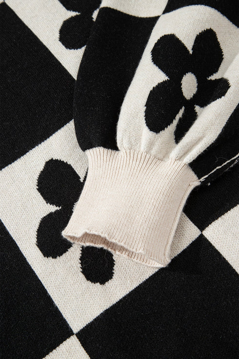 Floral Checkerboard Print Button Front Henley Sweater