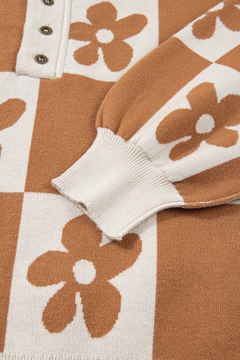 Floral Checkerboard Print Button Front Henley Sweater