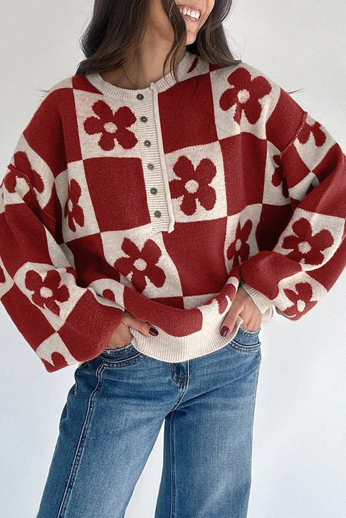 Floral Checkerboard Print Button Front Henley Sweater