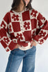 Floral Checkerboard Print Button Front Henley Sweater