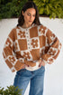 Floral Checkerboard Print Button Front Henley Sweater