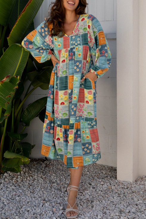 Floral Checkered Mixed Print Bubble Sleeve Ruffle Maxi Dress