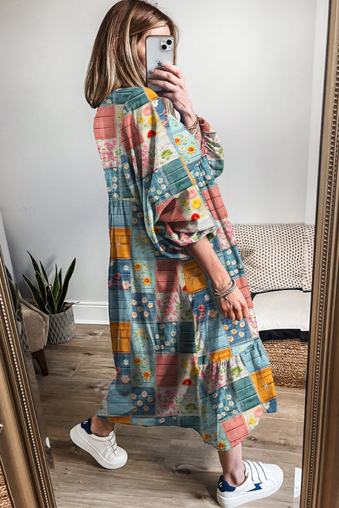 Floral Checkered Mixed Print Bubble Sleeve Ruffle Maxi Dress