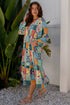 Floral Checkered Mixed Print Bubble Sleeve Ruffle Maxi Dress