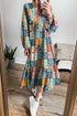 Floral Checkered Mixed Print Bubble Sleeve Ruffle Maxi Dress