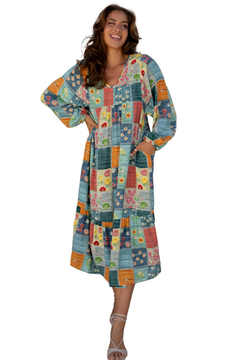 Floral Checkered Mixed Print Bubble Sleeve Ruffle Maxi Dress