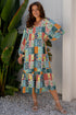 Floral Checkered Mixed Print Bubble Sleeve Ruffle Maxi Dress