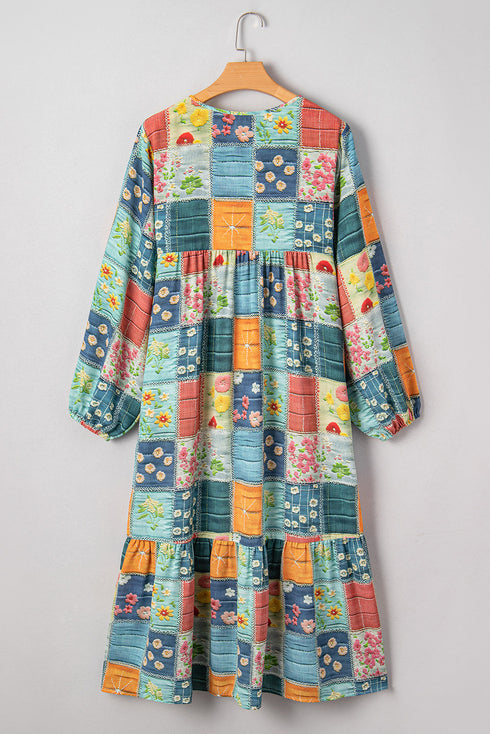 Floral Checkered Mixed Print Bubble Sleeve Ruffle Maxi Dress
