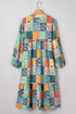 Floral Checkered Mixed Print Bubble Sleeve Ruffle Maxi Dress