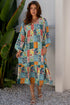 Floral Checkered Mixed Print Bubble Sleeve Ruffle Maxi Dress
