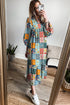 Floral Checkered Mixed Print Bubble Sleeve Ruffle Maxi Dress