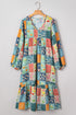 Floral Checkered Mixed Print Bubble Sleeve Ruffle Maxi Dress