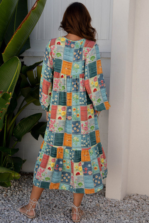 Floral Checkered Mixed Print Bubble Sleeve Ruffle Maxi Dress