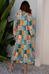 Floral Checkered Mixed Print Bubble Sleeve Ruffle Maxi Dress