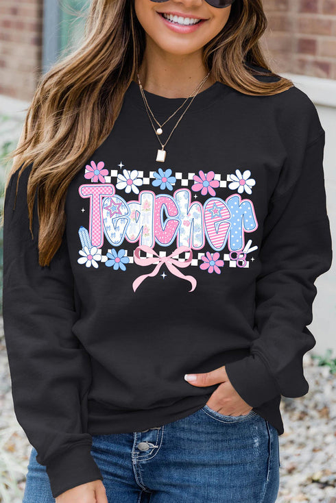 Floral Checkered Print Graphic Crew Neck Teacher Sweatshirt